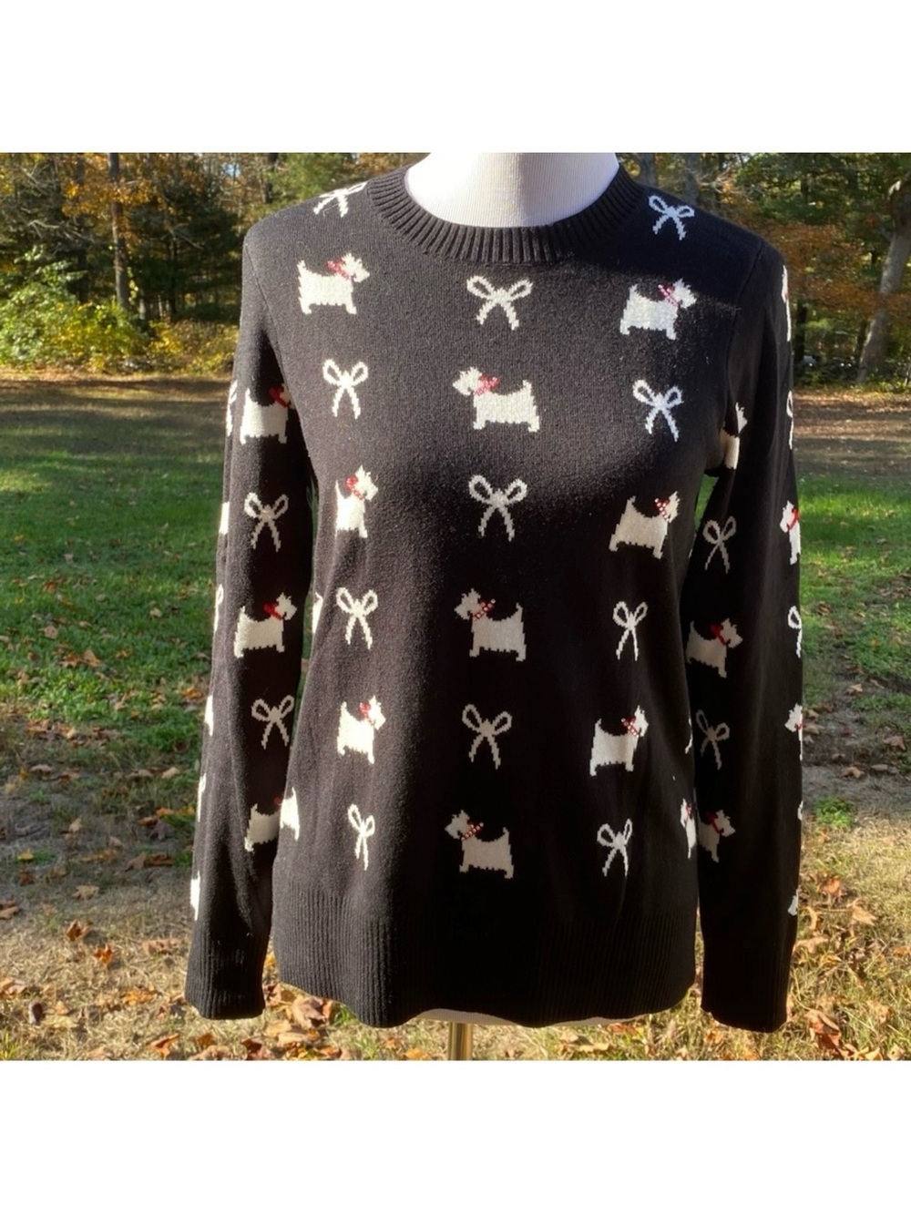 CHARTER CLUB SWEATER CREWNECK BLACK WHITE DOGS BOWS HOLIDAY LONG SLEEVE Size S
